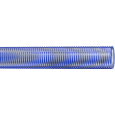Medium-Duty Low Temperature Water Suction Hose | Clear PVC Tube, Blue PVC Helix | 1" ID, 1.25" OD | 65 PSI | Resistant to Chemicals | Ideal for Industrial, Construction, Dewatering, and Agricultural Use